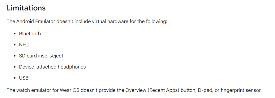 안드로이드 에뮬레이터의 제약 사항